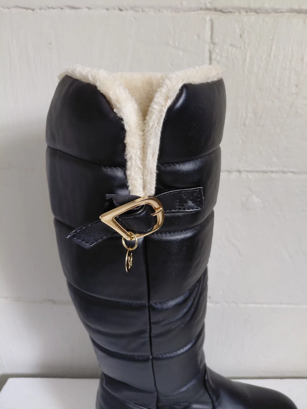Women's Black Quilted Faux-Leather Tall Winter Boots with Faux-Fur Lining